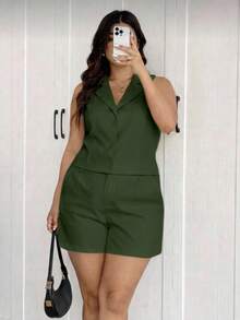 MICHLEE Women's Plus Size Set With Sleeveless Vest And Tailored Shorts - 軍綠1 - 查看 4