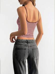 Vaiaye 女士时尚内衣风上衣，春夏条纹印花圆领修身休闲度假性感吊带背心，适合海滩度假和日常休闲穿着。 - 粉紅棕色 - 查看 2