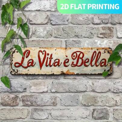 Biển hiệu phẳng 2D - Biển hiệu trang trí kim loại kiểu Ý cổ điển màu đỏ và be, phong cách trang trại xưa, có lỗ khoan sẵn, chữ lớn, dễ treo cho nhà bếp, hiên nhà, phòng khách - Quà tặng câu nói tiếng Ý cho tân gia, đám cưới, kỷ niệm.