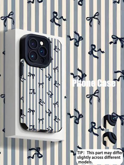 1pc Retro Blue Striped Bow Vertical Faux Leather Texture Classic Anti-Drop High-End Soft Protective Phone Case, Suitable As Birthday/Holiday Gift For Friends, Family, Couples, Fits IPhone17/IPhone17 Air/IPhone17pro/IPhone17pro Max/IPhone16/IPhone16 Plus/IPhone16pro/IPhone16pro Max/IPhone15/IPhone15 Plus/IPhone15pro