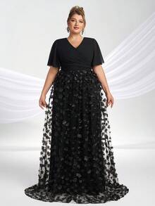 YISIKADO Plus Size Women's 3D Floral Premium Evening Gown With Bow Short Sleeve V-Neck Long Dress Elegant Formal Evening Party Wedding Guest Summer Dress - Black - View 5