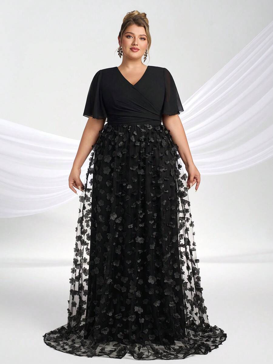 YISIKADO Vestido de Noche Premium Talla Grande para Mujer con Flores 3D, Lazo, Manga Corta, Cuello en V, Vestido Largo Elegante Formal para Fiesta de Noche, Invitada de Boda, Vestido de Verano - Negro - Ver 1