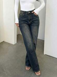 Plus Size Women Retro Minimalist Elastic Waist Loose Straight Leg Jeans Casual - Navy Blue - View 5