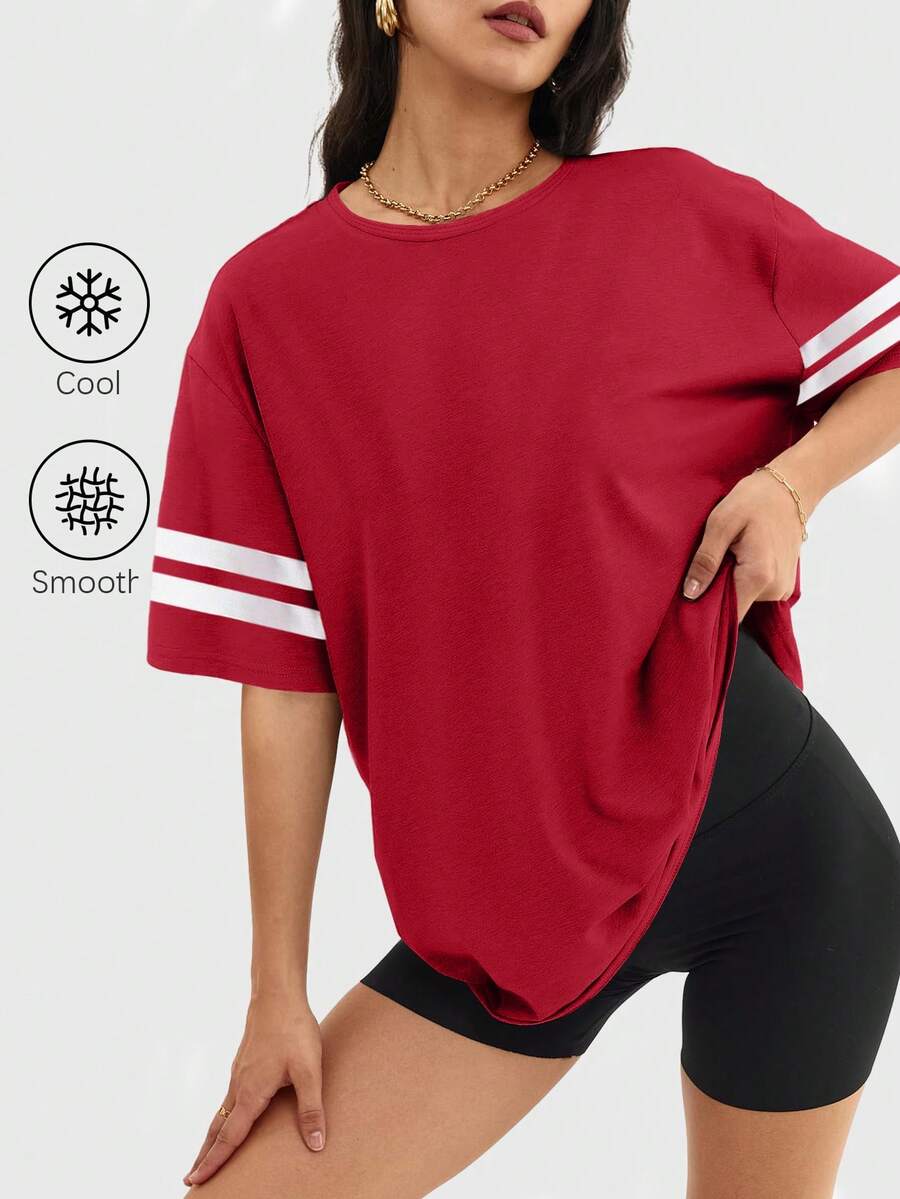 Speed mate Basic Loose Fit Short Sleeve Crew Neck T-Shirt, Burgundy - Red - View 1