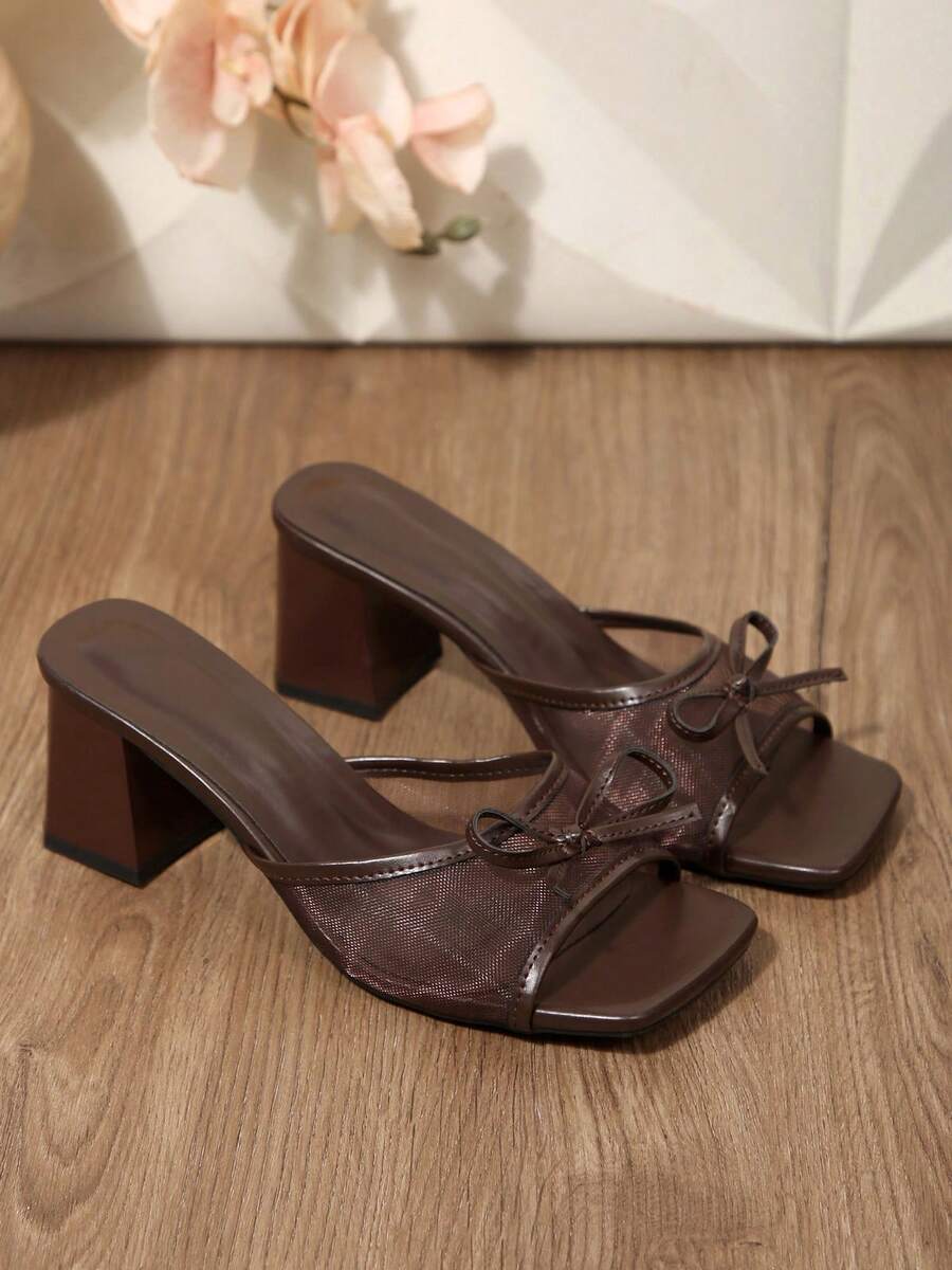 Women's Open Square Toe Sandals Bow Mesh Mules Womens Heeled Sandals Heels Comfortable Dress Shoes Party Wedding - 棕色 - 查看 1