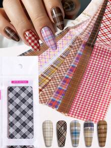 10 Rolls/Box Korean/Japanese Plaid Ribbon Nail Stickers, Multi-Color Plaid Pattern Nail Transfer Stickers, DIY Nail Art Decoration Accessories Nail Supplies - Multicolor - View 3