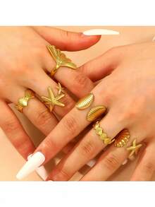 6枚粗金海星贝壳戒指，时尚精致，女士专属。夏季海滩叠戴不锈钢戒指。冲浪者的时尚宣言。海滩波西米亚风珠宝礼品。 - 金色 - 查看 4