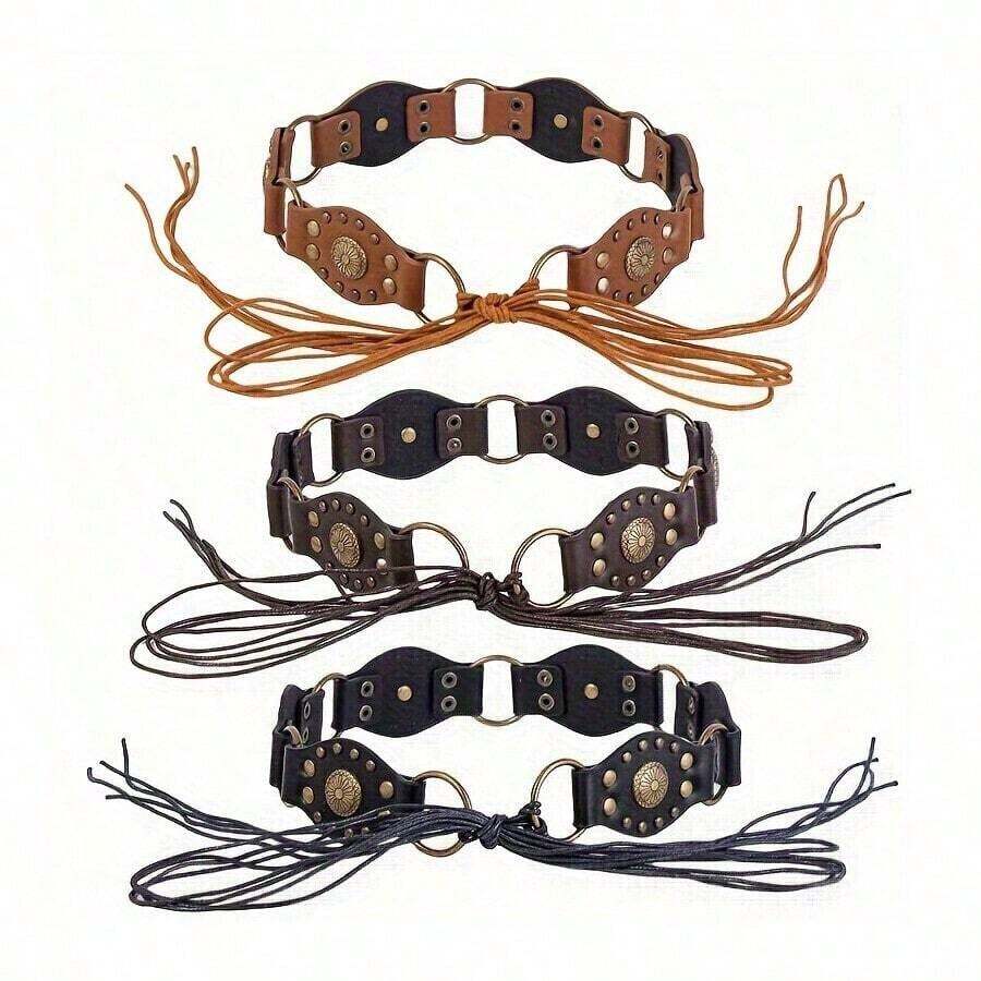 New Women's Vintage Leather & Metal Buckle Western Style Belt, Fashionable Rope Tied Waistband Bow Halloween Summer, School Fall, Autumn, Halloween - A - 查看 1