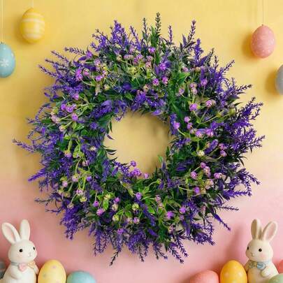 1pc Artificial Dreamy Spring Purple Lavender & Baby's Breath Floral Wreath, High-Quality Oxidation-Resistant Fake Flowers For Spring Party, Wedding Decor, Bridal Bouquet, Tabletop, Garden, Patio, Wedding, Birthday, Baby Shower, Aesthetic Room Decor, Home Decor, Valentine's Day Gift
