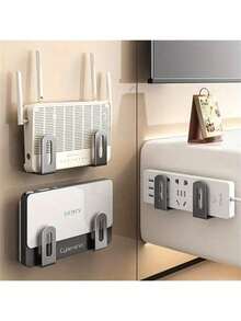 4 piezas Estante de almacenamiento montado en la pared sin perforación, adecuado para enrutadores, módems WiFi, decodificadores, gestión de cables, estantes de piedras preciosas sintéticas, estantes organizadores multifuncionales ahorradores de espacio con adhesivos, regalos para mujeres - Multicolor - Ver 1