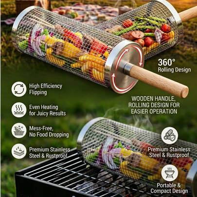 Bộ 2 rổ nướng tròn bằng thép không gỉ 304 màu bạc, có tay cầm bằng gỗ, xoay được, thích hợp để nướng rau củ, khoai tây chiên, cá, dụng cụ nướng ngoài trời hình trụ di động.