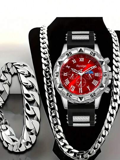 Bộ 3 món đồng hồ thạch anh nam tối giản dành cho doanh nhân, phong cách mạnh mẽ, đa chức năng, bao gồm một đồng hồ thạch anh mặt số La Mã dây đeo phối màu đen bạc, vòng tay bạc và dây chuyền. Điểm nhấn là sự tương phản màu đỏ và đen nổi bật cùng thiết kế đường phố mạnh mẽ, dây đeo phối màu mang lại cảm giác thoải mái khi đeo.