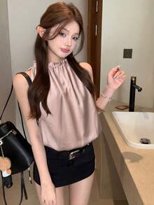 女款法式風格黑色波點緞面抽繩荷葉邊寬鬆背心上衣 粉色 - 粉色 - 查看 2