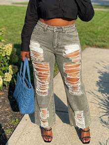 Quần jeans ống đứng rách rách phong cách bạn trai đơn giản, thoải mái cho nữ - xanh quân đội - Xem 4