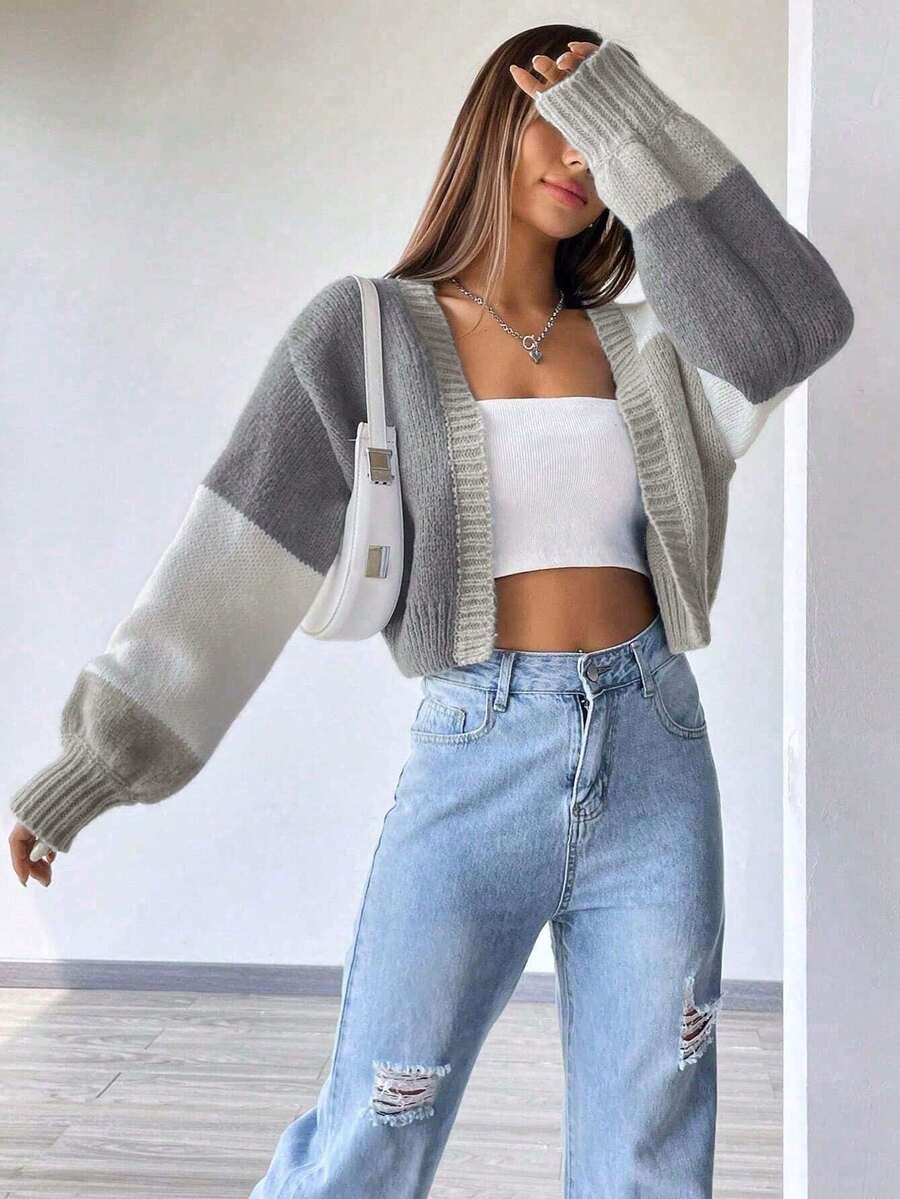 Women's Gery Lightweight Open Front Knit Cardigan, Casual Cozy Short Style,Summer Spring Autumn Outerwear For Daily Dating & Short Trips