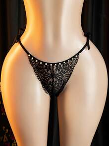 Women's Sexy Lingerie, Bowknot Thong - Black - View 3