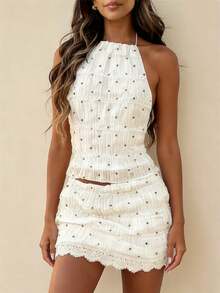 Women Y2k Mini Skirt Sets Backless Tie Up Crop Halter Top And Smocked Lace Mini Skirt 2 Piece Beach Outfit - 杏色2 - 查看 1
