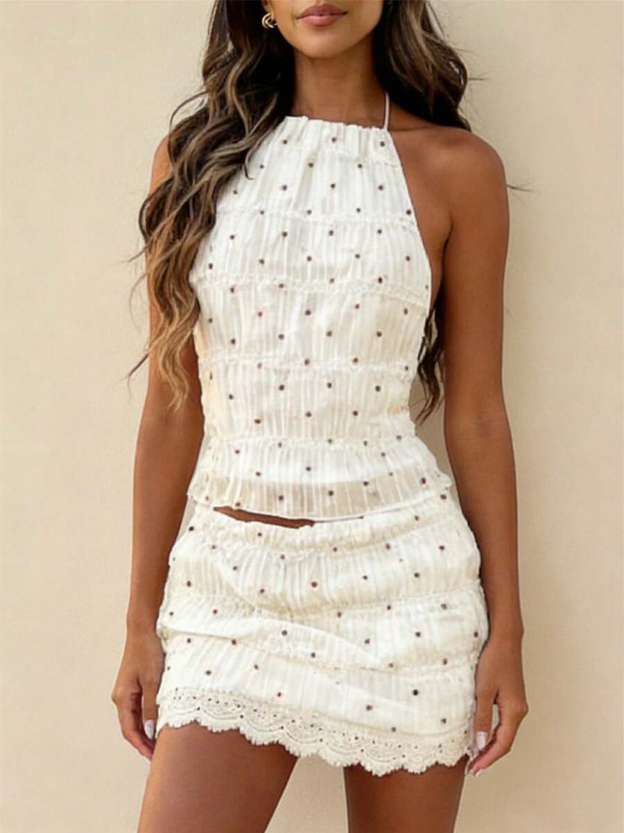 Women Y2k Mini Skirt Sets Backless Tie Up Crop Halter Top And Smocked Lace Mini Skirt 2 Piece Beach Outfit - 杏色2 - 查看 1