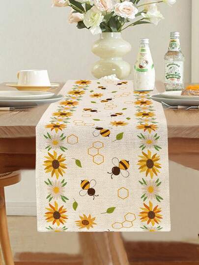 1 tafelloper met zonnebloem- en bijenprint, 4 placemats met zonnebloem- en bijenprint, geschikt voor feestdagen, feesten, verjaardagen, diners, keuken- en eetkamerdecoratie, geschikt voor alle seizoenen, woonaccessoires.