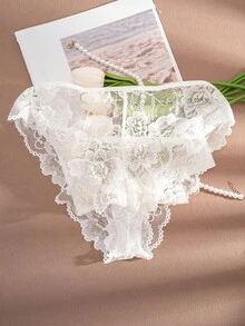 1套女士纯色蕾丝舒适内衣套装 - 白色 - 查看 6