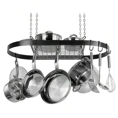 Oval Hanging Pot Rack With Upper Shelf, Black Enameled Steel Ceiling-Mounted Kitchen Storage