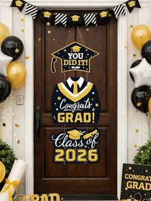一套2026届毕业派对门挂，黑色金色毕业季挂旗，带有毕业帽和毕业袍图案，“你做到了！祝贺2026届毕业生！”纸质挂饰，毕业照相亭道具，毕业季派对背景装饰横幅，毕业派对用品，照相亭道具，同学聚会，毕业典礼装饰，祝贺毕业派对装饰，送给朋友的毕业礼物 - 2026黑金 - 查看 2