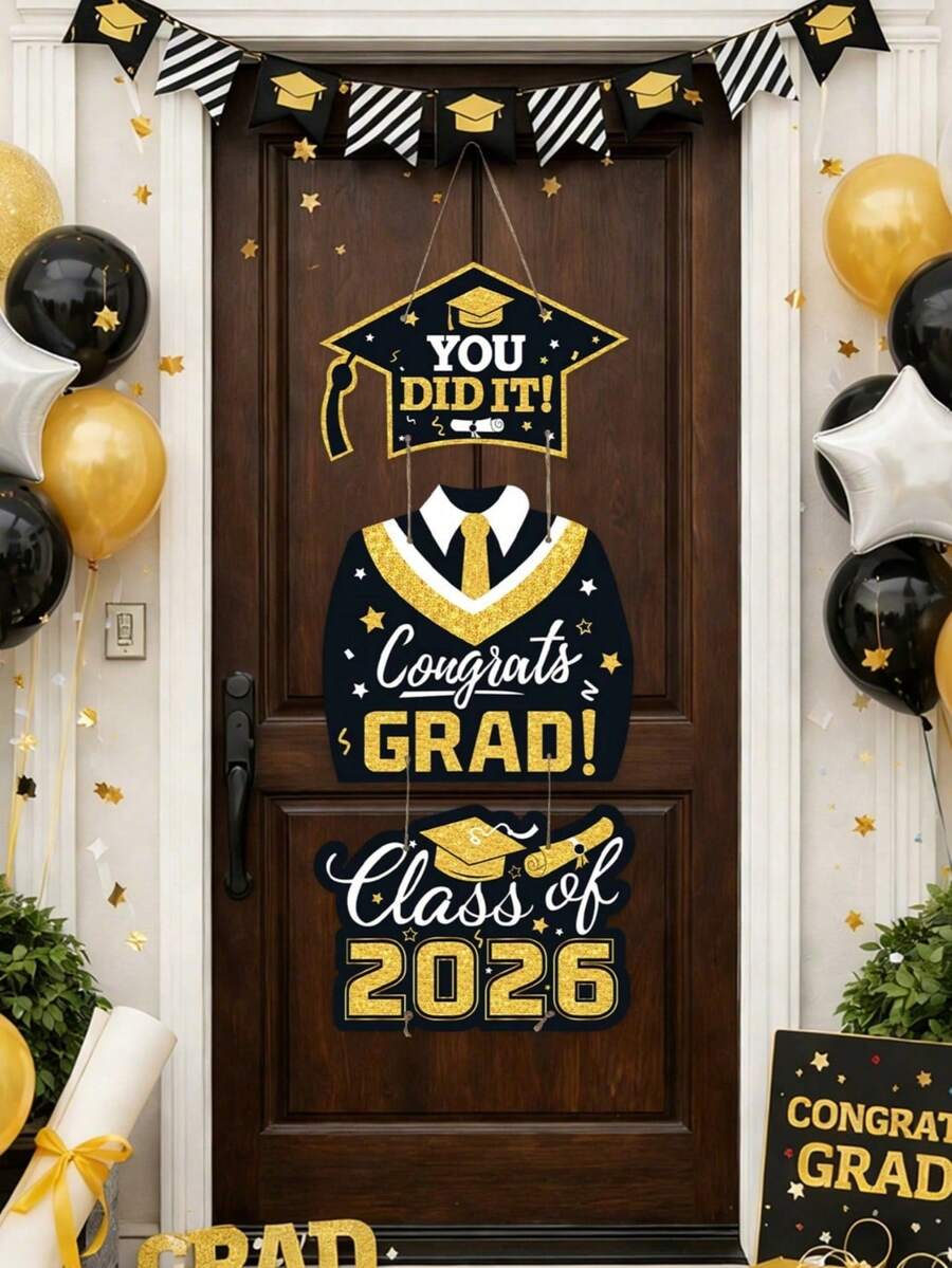 一套2026届毕业派对门挂，黑色金色毕业季挂旗，带有毕业帽和毕业袍图案，“你做到了！祝贺2026届毕业生！”纸质挂饰，毕业照相亭道具，毕业季派对背景装饰横幅，毕业派对用品，照相亭道具，同学聚会，毕业典礼装饰，祝贺毕业派对装饰，送给朋友的毕业礼物