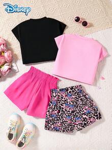 Disney 4件套迪士尼星际宝贝女童夏季套装，包括插肩袖爱心印花T恤和纯色弹力腰短裤，可爱情人节户外休闲假日装扮 - 彩色 - 查看 2