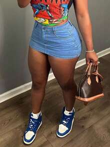 Chân váy ngắn denim bó màu đen, phong cách thường ngày mùa hè - Rửa nhẹ - Xem 7