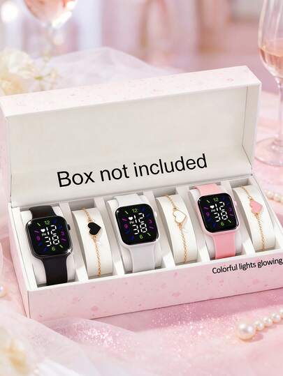 6pcs Cute Girl's Watch Accessory Set: Digital Watch And Heart Bracelet, Multi-Color Options, Colorful Light Heart Display, Day & Time Function - Back To School, Holiday Gift, Unique Birthday/Valentine's Gift For Her