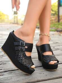 Giày sandal đế xuồng cao vừa phải cho nữ, đế dày, kiểu dáng thoải mái, dễ mang cho mùa hè. - màu đen - Xem 3