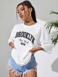 Letter Graphic Drop Shoulder Tee Graphic Tees Women Tops - trắng - Xem 3