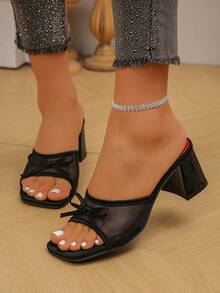 夏季新款时尚粗跟凉鞋，透气网布蝴蝶结简约百搭女士正式凉鞋，方头优雅细高跟穆勒鞋，女士黑色高跟鞋 - 黑色 - 查看 3