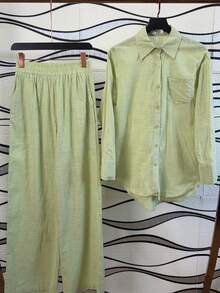 Linen Shirt And Pants Set (2 Pieces), Lined With Elastic. - Olivgrön - Visa 6