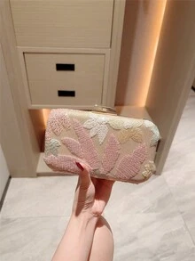 月光之夜包，多色花卉斜挎包，复古链条晚宴包，迷你方形盒包，适合派对女孩、新娘、大学生、年轻职业人士，百搭派对、舞会、婚礼等场合，完美搭配派对配饰，图案随机发送 - 粉色 - 查看 3