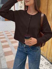 FOR BEAUTY Autumn New Solid Color Round Neck Single-Breasted Long Sleeve Knit Cardigan, Gentle, Elegant, Romantic, Casual, Lazy, Fashionable, Minimalist Versatile, Suitable For Outings, Valentine's Day Dates, Commuting And Various Occasions.This Cardigan Is An Ideal Choice For Women's Spring Wear. - 黑咖啡 - 查看 3