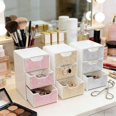 1pc/3pcs Shiny Rhinestone Three Drawer Storage Box - Dressing Table And Desktop Organizer, Perfect For Storing Cosmetics (Lipstick, Brushes), Jewelry (Necklaces, Earrings), And Office Supplies (Paper Clips, Tape), - Stackable Plastic Desktop Drawer, A Stylish And Practical Gift, Student Stationery Paper Clip Organizer Box, Desktop Mini Jewelry Box