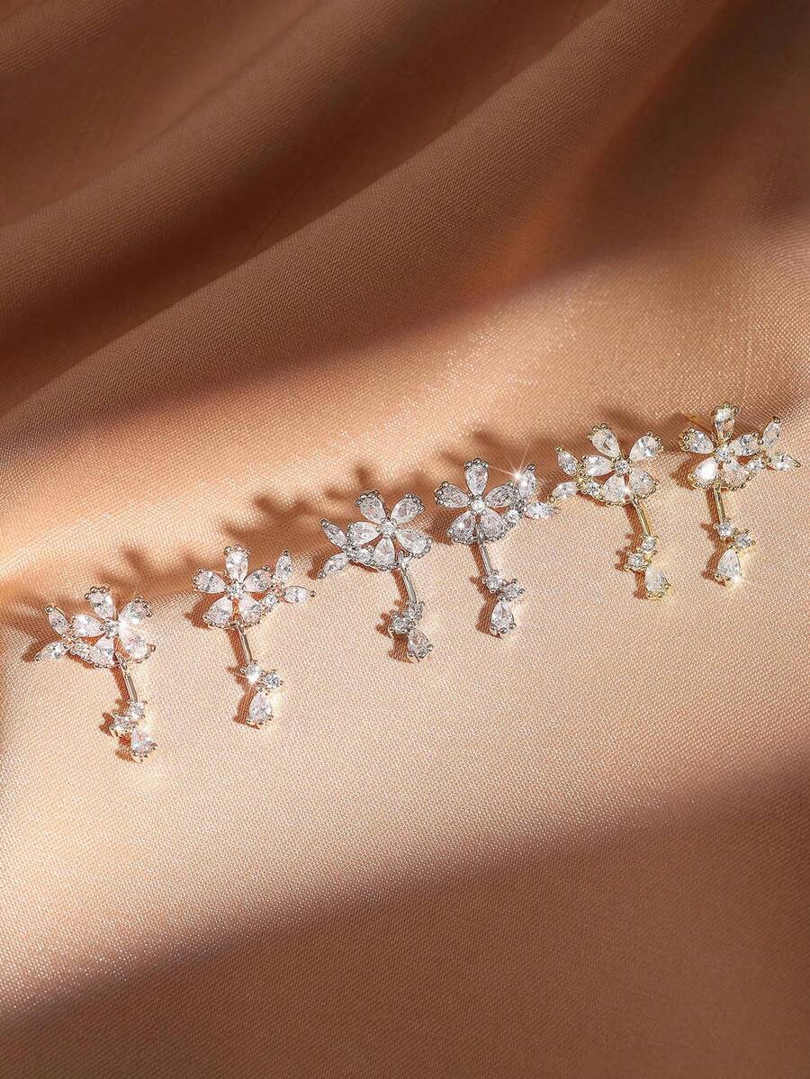 Bộ 2 bông tai hình hoa 3D tối giản lãng mạn, đính đá Zirconia, có các màu vàng, bạc, vàng hồng và đồng, thích hợp cho phụ nữ đeo khi đi chơi, hẹn hò, kỷ niệm và các sự kiện thời trang. - bông tai - Xem 1