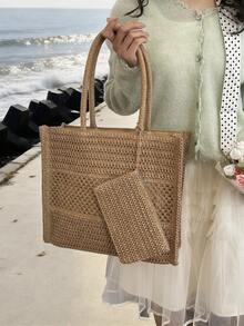 镂空编织草编手提包，配同款小钱包，大容量单肩包，法式度假风，适合通勤、海滩、日常休闲使用 - 卡其色 - 查看 3