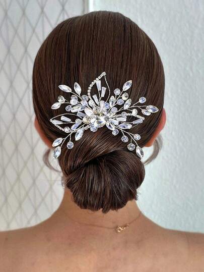 奢华闪亮水钻新娘发梳，银色水晶婚礼发饰，适合新娘伴娘、舞会晚宴等场合佩戴