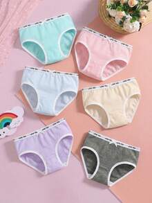 6pcs/Set Girls' Multicolor Knit Underwear Set, Comfortable Letter Waistband Underwear, Breathable Textured Girls' Panties, Suitable For Girls' Daily Basic Wear - Multicolor - View 1