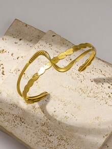 Vòng tay thép không gỉ mạ vàng 18K, kiểu dáng sóng, bện độc đáo, phù hợp để đeo hàng ngày, phối cùng các vòng khác và tạo nên những bộ trang phục thời trang đặc biệt. - Vàng - Xem 3