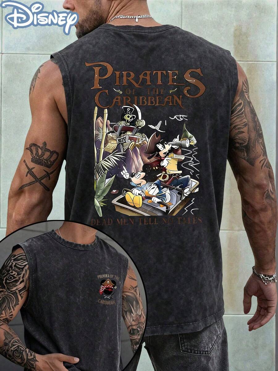 Disney Pirates Mickey And Friends Officially Licensed Men's Sleeveless Graphic Tee, 100% Cotton 230g Washed Vintage Casual Shirt - 黑色 - 查看 1