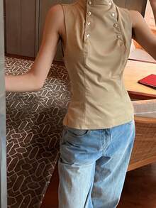 DEEKA 春夏新款女装欧美风简约修身纽扣装饰弹力上衣，纽扣可解开 - 卡其色 - 查看 3