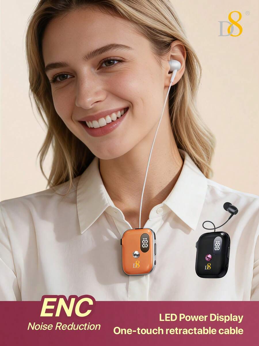 D8 Fashion Wireless Clip-On Retractable Earphones With LED Digital Display Real-Time Battery Level, One-Click Automatic Earphone Cable Storage, 400mAh Large Capacity Battery, Up To 90 Hours Ultra-Long Battery Life, Smooth Hands-Free Calling