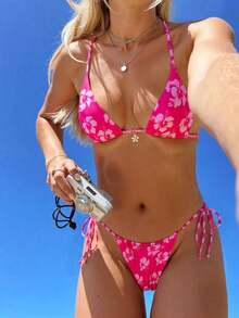 Women's Floral Print Halter Tie Bow Bikini Set, Casual Resort Elegant Beach Swimwear, Made Of High Elastic And Breathable Fabric, Suitable Beach Vacation, Music Festival, Valentine's Day, Women's Beach Holiday Outfit, Women's Swimwear, Summer Holiday Outfit, Women's Bikini - 多色 2 - 查看 3