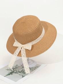 Sombrero de sol para bebé niña, sombrero de playa con lazo de encaje estilo princesa para niños, sombrero de sol plegable con protección UV para la playa - Caqui - Ver 1