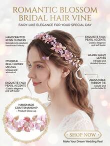 1件浪漫粉色花朵仿珍珠装饰发饰，金/银叶丝带系带发箍，仙女新娘婚礼舞会发饰，适合夏季、海滩、优雅、派对等场合 - 彩色 - 查看 4