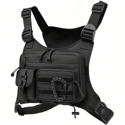 Men's Tactical Chest Pack With Built-In Phone Holder And Adjustable Strap MOLLE Webbing EDC Backpack For Running Cycling Camping Safety Zipper Compartment Hands-Free Viewing Outdoor Durable Polyester Gym Travel Black