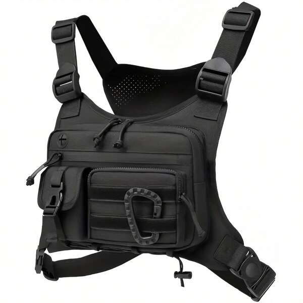 Mochila táctica para el pecho de hombre con soporte incorporado para teléfono y correa ajustable, con sistema MOLLE, para uso diario, running, ciclismo, camping, con compartimentos con cremallera, visión sin manos, duradera de poliéster, para gimnasio y viajes, color negro